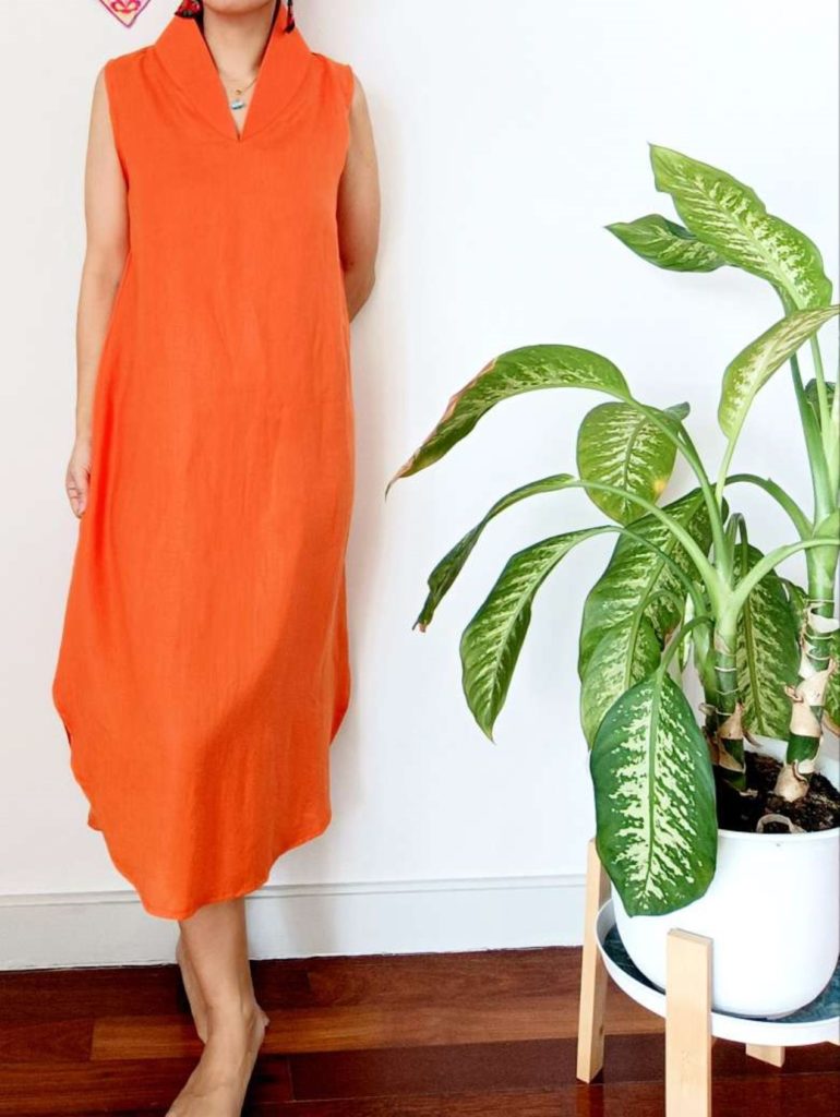 Orange Linen Dress With Collar