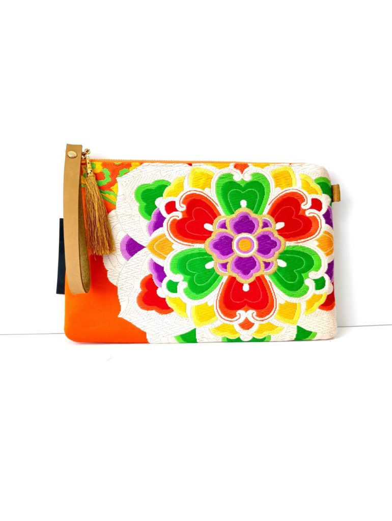 着物 花柄 オレンジ レインボー リストレットバッグ