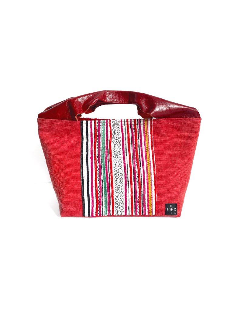 Canvas Hmong Leather Tote Bag Maroon Stripes