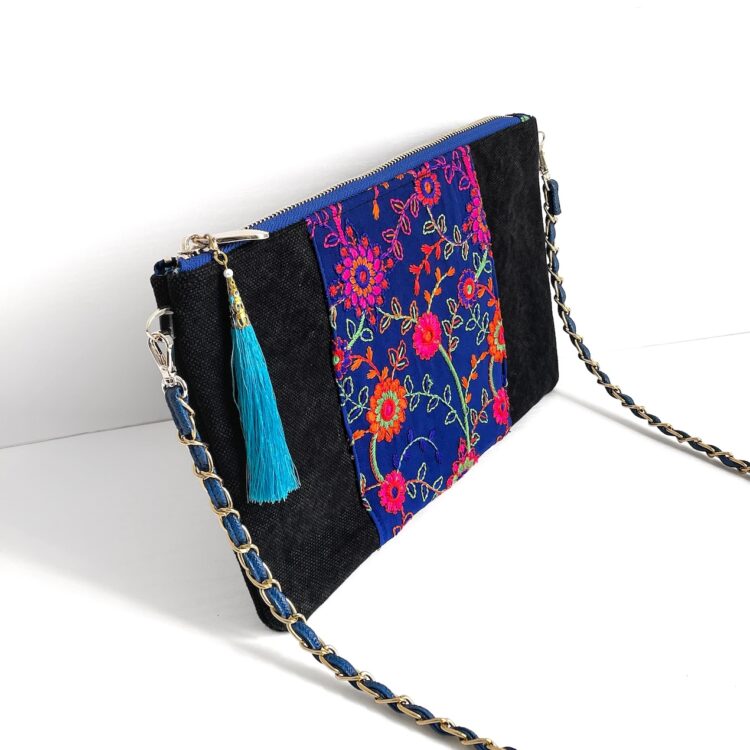 กระเป๋าซาโคชแถบผ้าม้ง สีน้ำเงิน