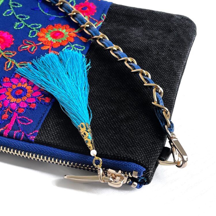 กระเป๋าซาโคชแถบผ้าม้ง สีน้ำเงิน