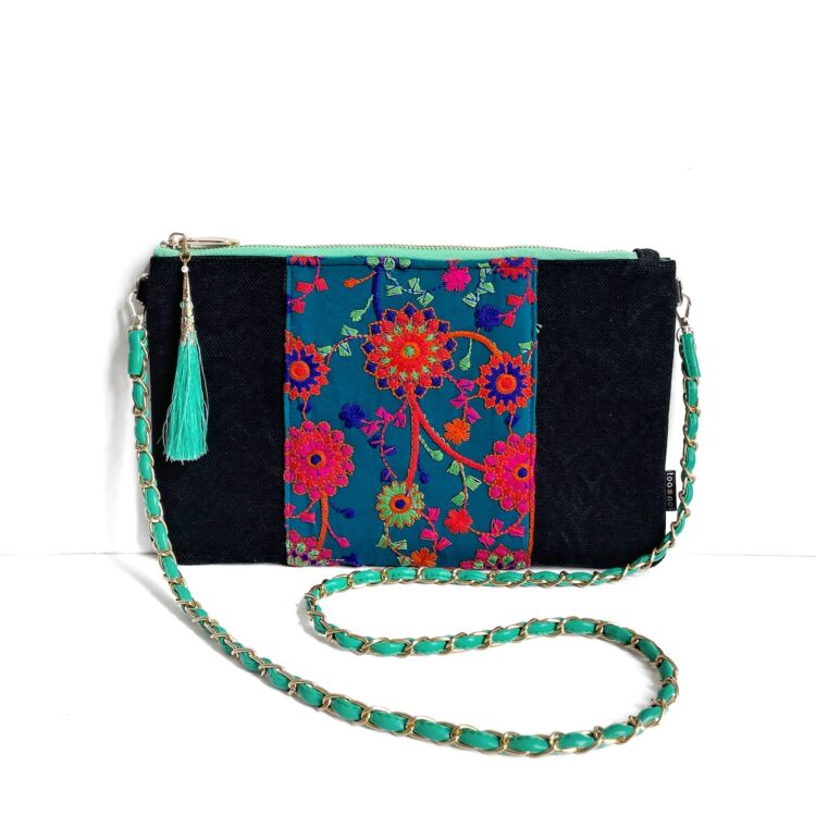 モン族 ブラック グリーン 花びら模様 サコッシュ ショルダーバッグ