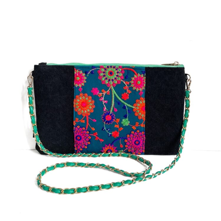 モン族 ブラック グリーン 花びら模様 サコッシュ ショルダーバッグ