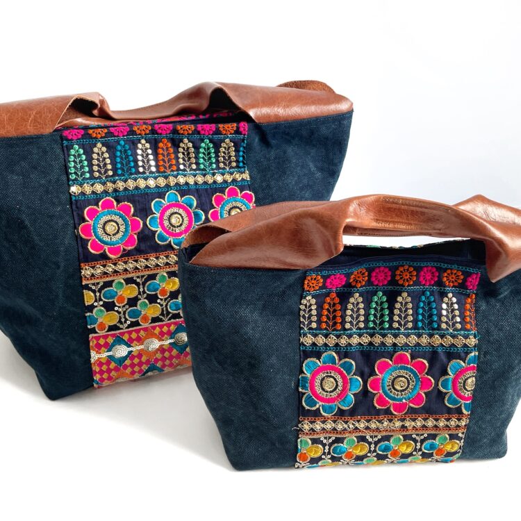 Canvas Tote Bag Blue Hmong Flower large