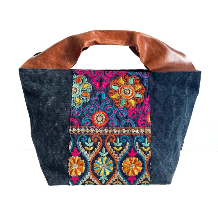 Canvas Tote Bag Blue Hmong Flower large