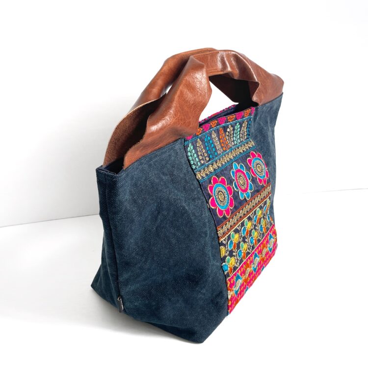 Canvas Tote Bag Blue Hmong Flower large