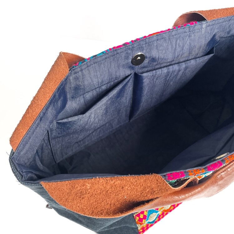 Canvas Tote Bag Blue Hmong Flower large