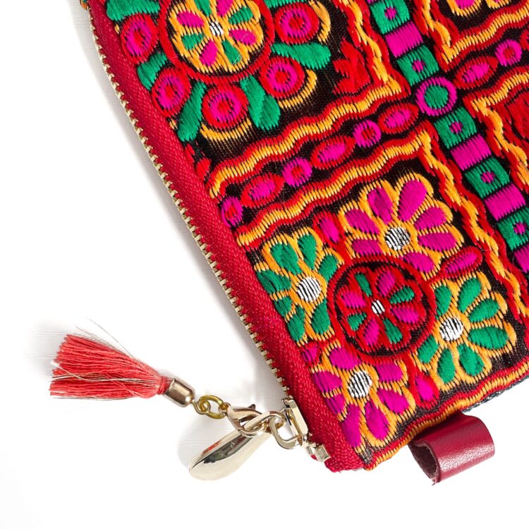 花柄 インド生地 レッド ファスナー付き ミニポーチ