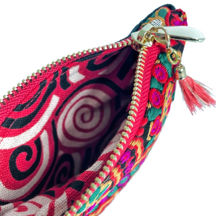 花柄 インド生地 レッド ファスナー付き ミニポーチ