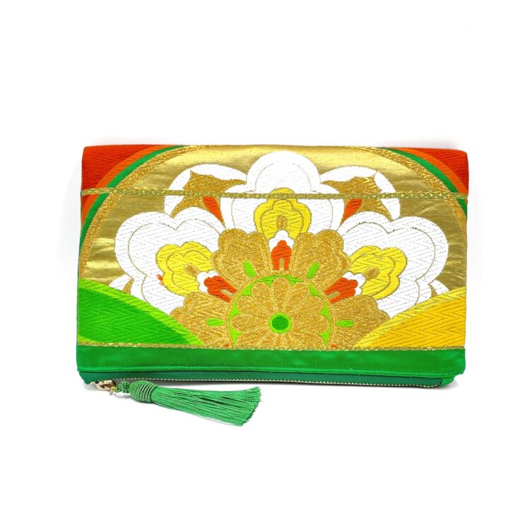 กระเป๋าคลัทช์กิโมโน ลายดอกไม้สีเขียวทอง