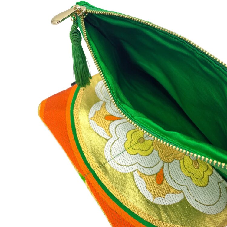 กระเป๋าคลัทช์กิโมโน ลายดอกไม้สีเขียวทอง