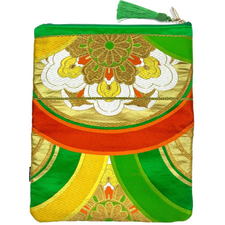 กระเป๋าคลัทช์กิโมโน ลายดอกไม้สีเขียวทอง