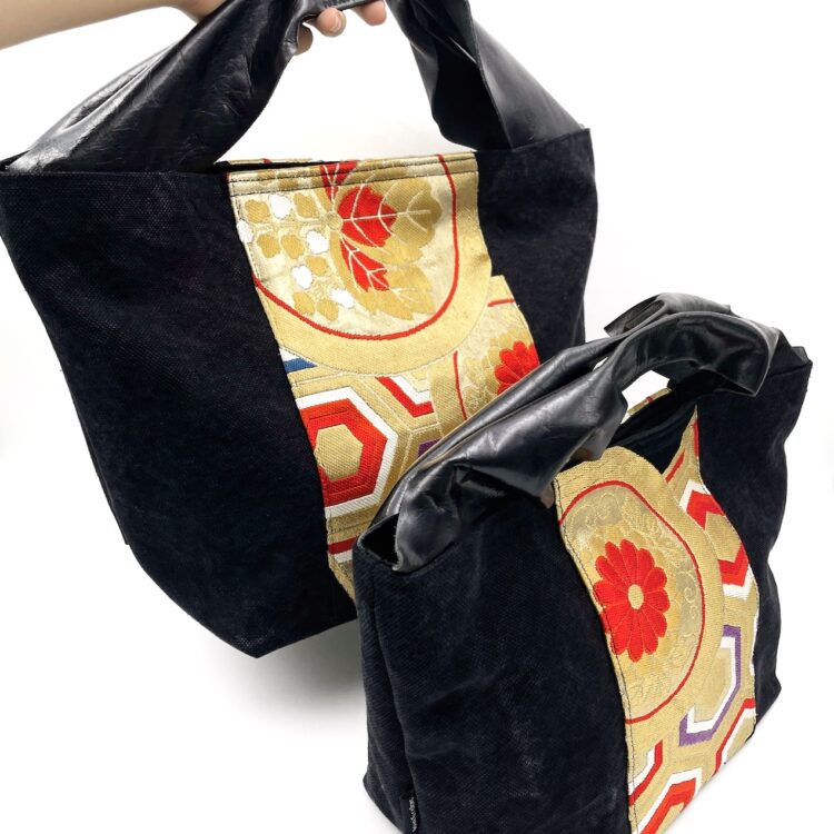 Large Kimono Black Canvas Tote Bag Golden Hexagon