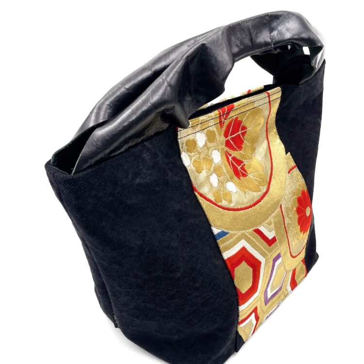 Large Kimono Black Canvas Tote Bag Golden Hexagon