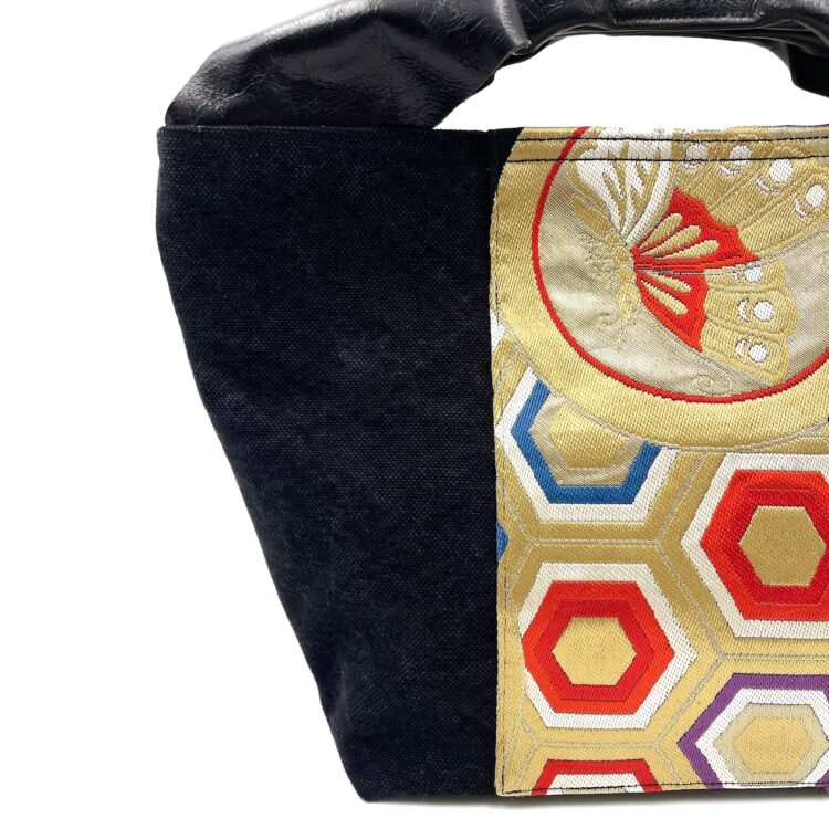 Large Kimono Black Canvas Tote Bag Golden Hexagon
