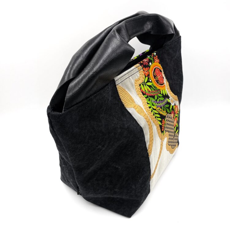 Large Kimono Black Canvas Tote Bag Flower Field