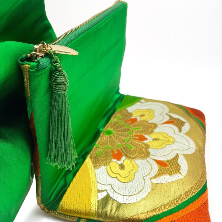 Kimono Ribbon Clutch Bag Golden Flower Green