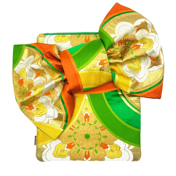 Kimono Ribbon Clutch Bag Golden Flower Green