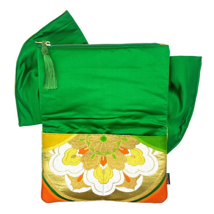 Kimono Ribbon Clutch Bag Golden Flower Green