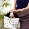 2-Handle Printed Canvas Tote Bag Thai Letters Black