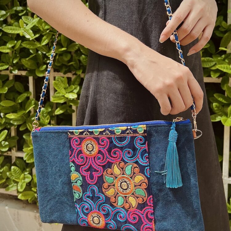 モン族 ディープパープル 花柄 サコッシュ ショルダーバッグ