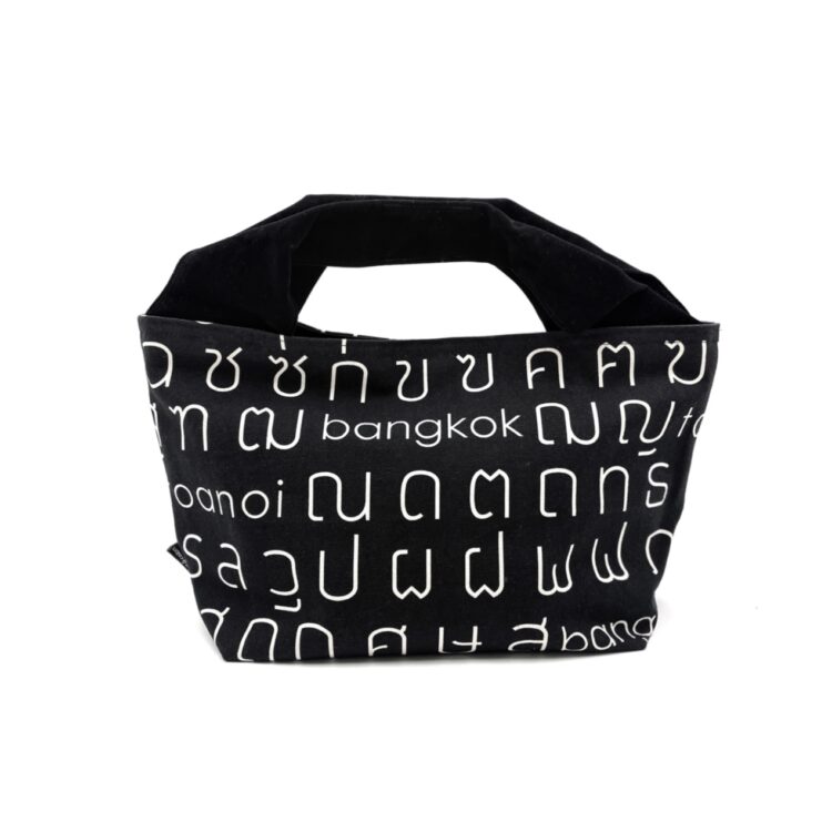 2-Handle Printed Canvas Tote Bag Thai Letters Black