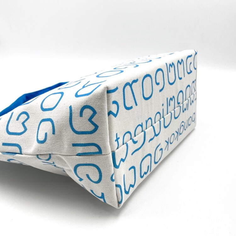 2-Handle Printed Canvas Tote Bag Thai Letters Baby Blue