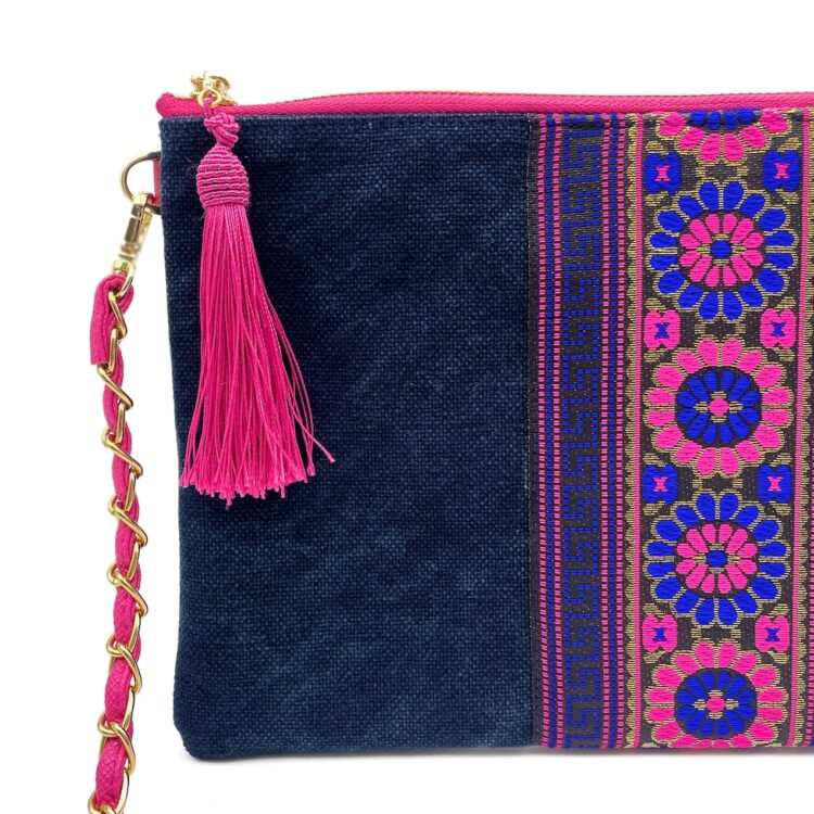Hmong Sacoche Chain Shoulder Bag Dark Blue And Pink