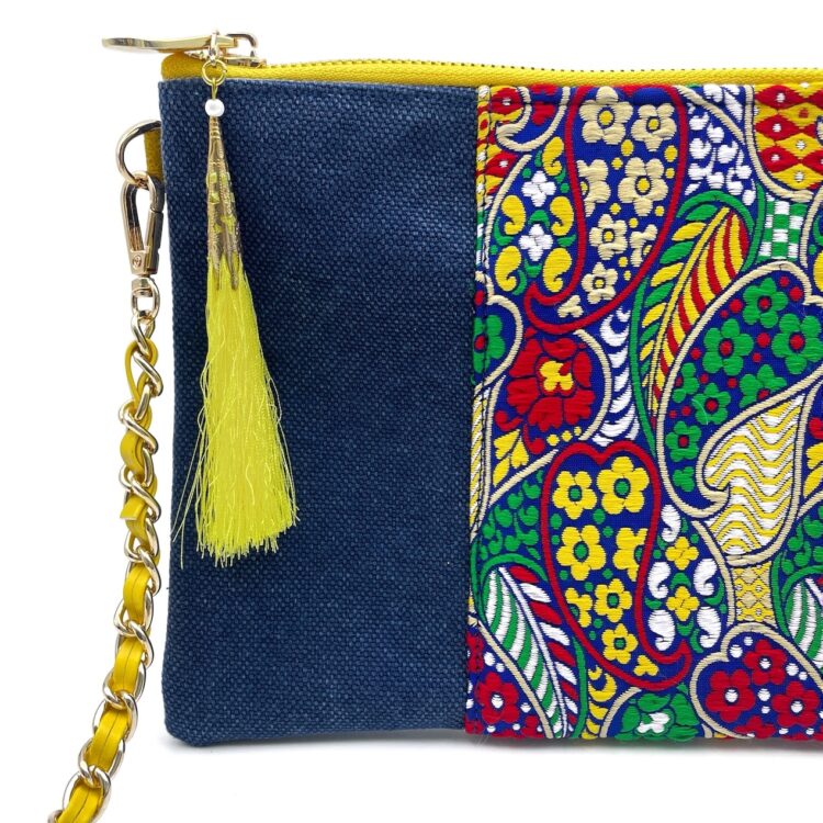 Hmong Sacoche Chain Shoulder Bag Blue Flora