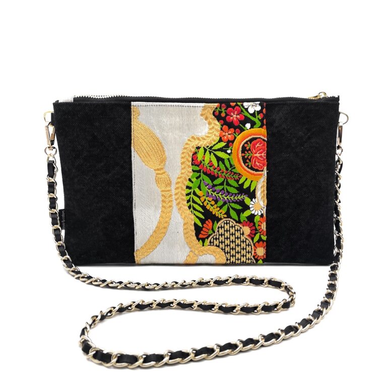 Kimono Sacoche Chain Shoulder Bag Black Golden Twine