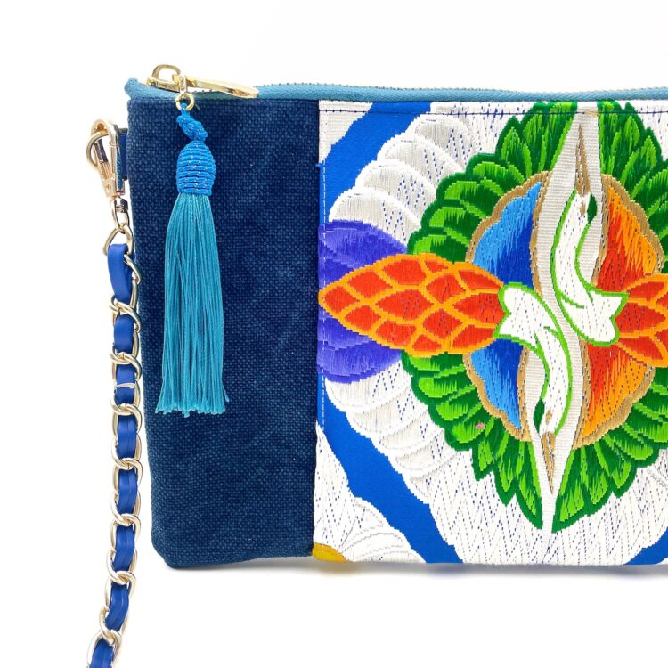 Kimono Sacoche Chain Shoulder Bag Blue Twin Bird