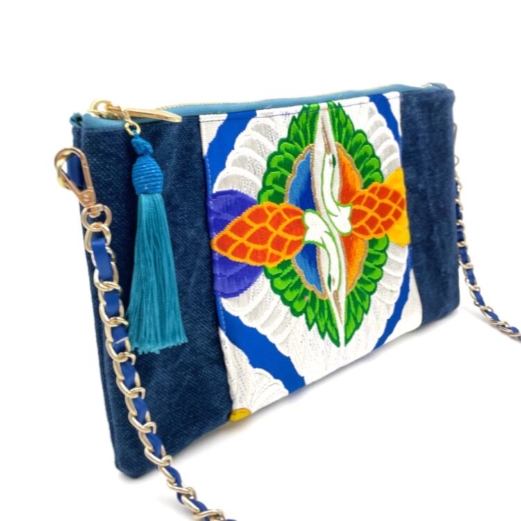 Kimono Sacoche Chain Shoulder Bag Blue Twin Bird