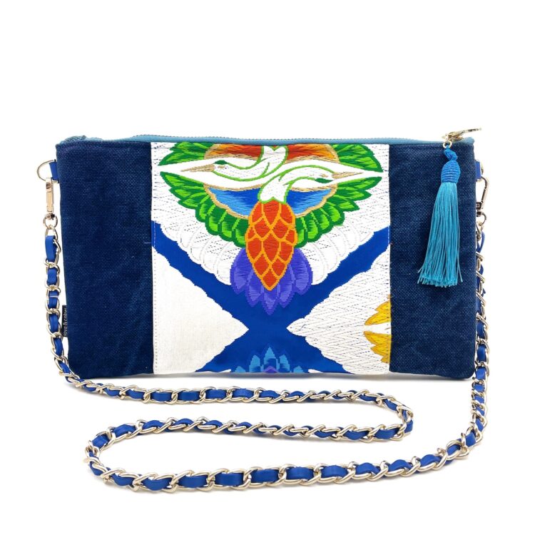 Kimono Sacoche Chain Shoulder Bag Blue Twin Bird