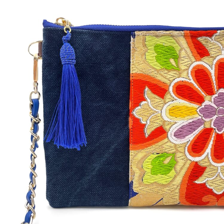 Kimono Sacoche Chain Shoulder Bag Blue Flower Blossom