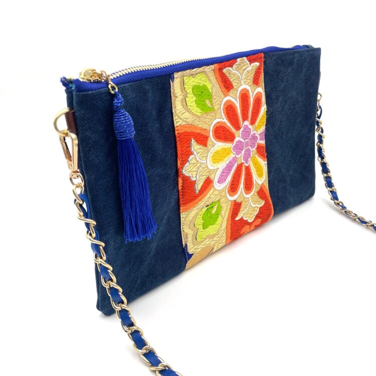 Kimono Sacoche Chain Shoulder Bag Blue Flower Blossom