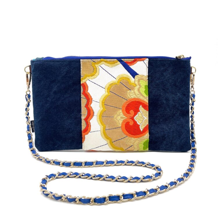 Kimono Sacoche Chain Shoulder Bag Blue Flower Blossom
