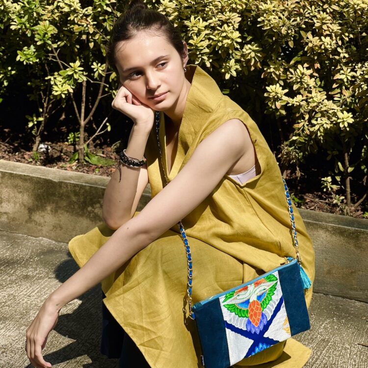 Kimono Sacoche Chain Shoulder Bag Blue Twin Bird