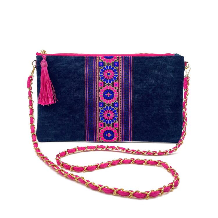 Hmong Sacoche Chain Shoulder Bag Dark Blue And Pink