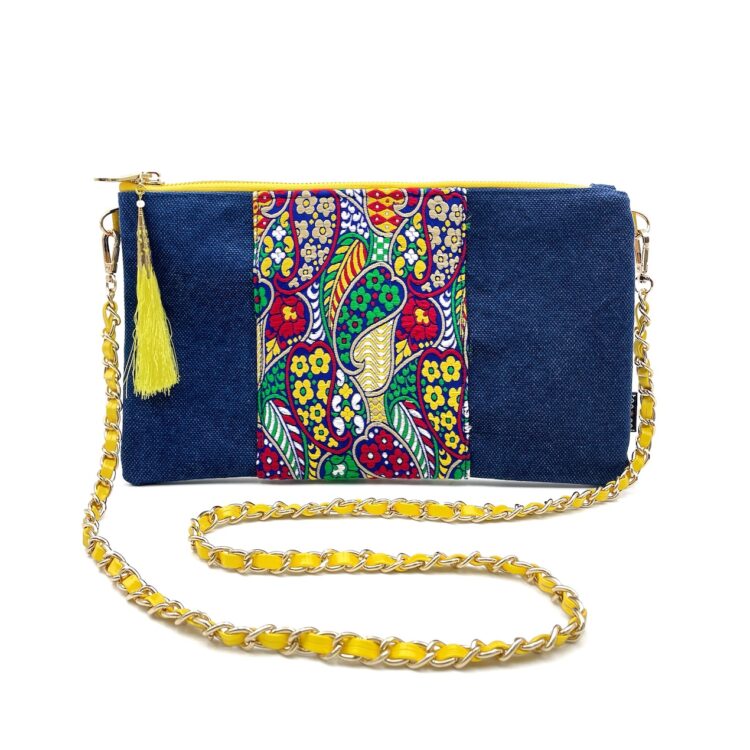 Hmong Sacoche Chain Shoulder Bag Blue Flora