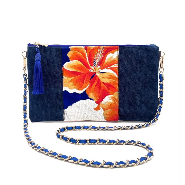 Kimono Sacoche Chain Shoulder Bag Blue Habicus Flower