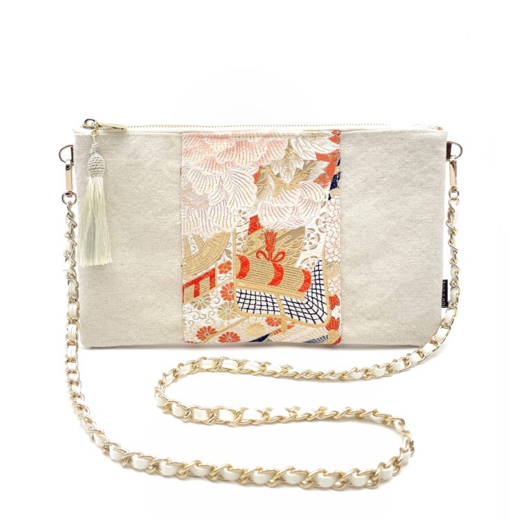 Kimono Sacoche Chain Shoulder Bag White Kiku Flower Night