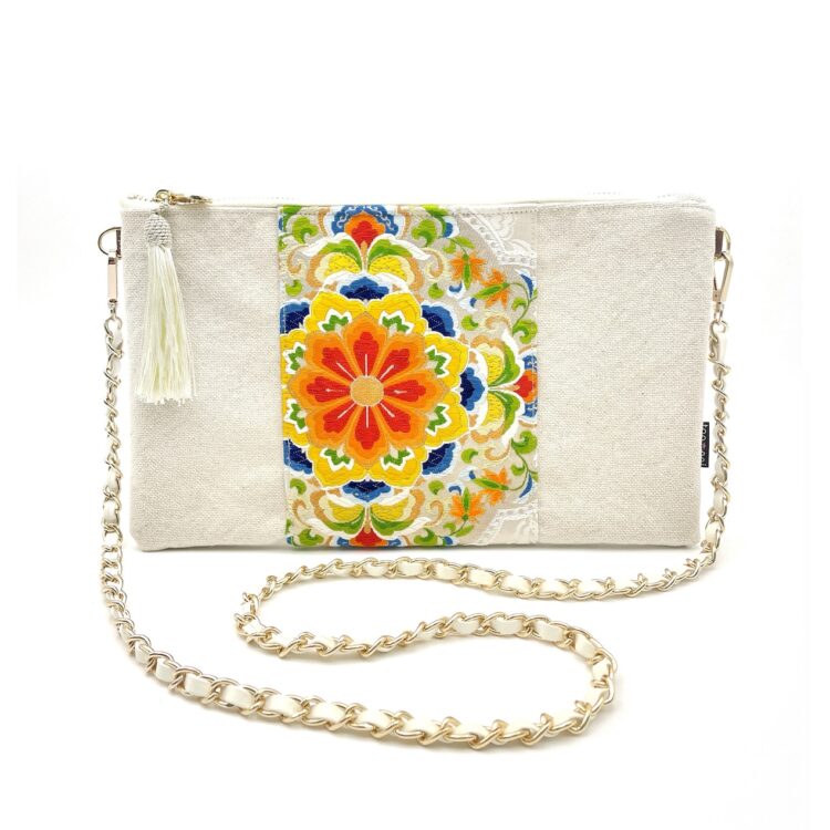Kimono Sacoche Chain Shoulder Bag White Flower Festival