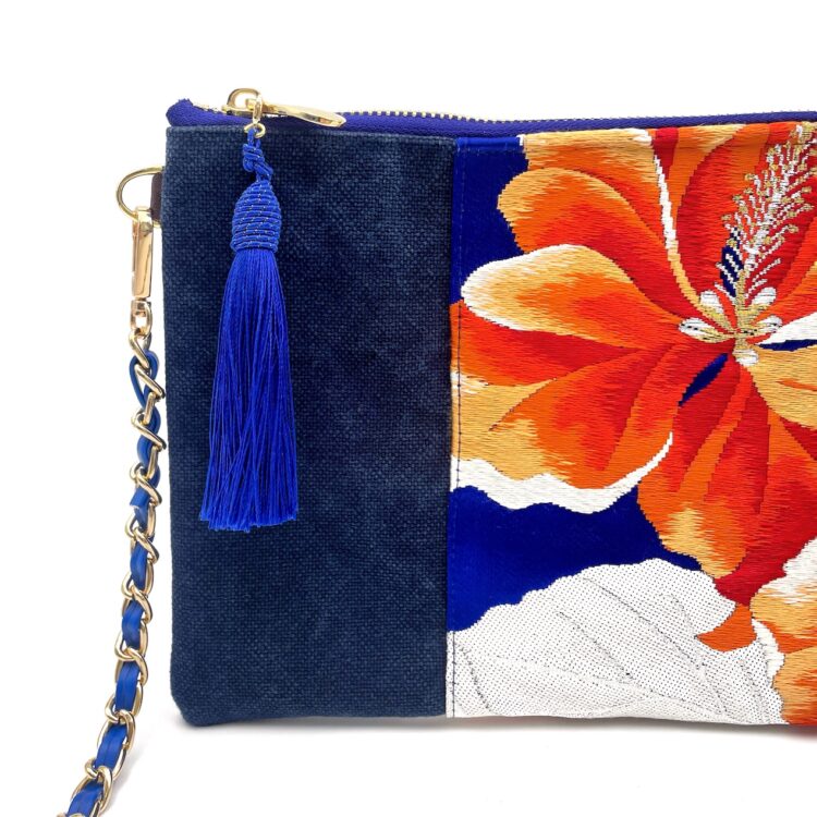 Kimono Sacoche Chain Shoulder Bag Blue Habicus Flower