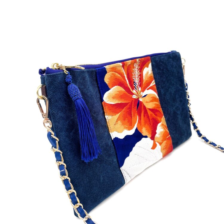 Kimono Sacoche Chain Shoulder Bag Blue Habicus Flower