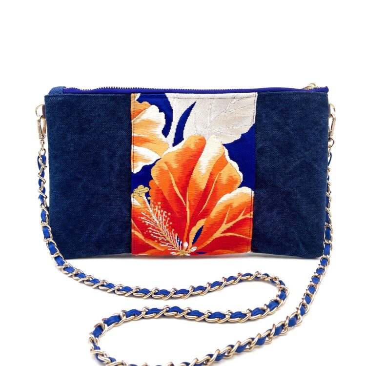 Kimono Sacoche Chain Shoulder Bag Blue Habicus Flower