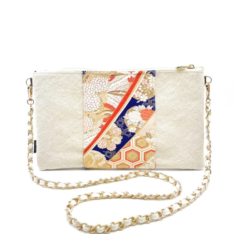 Kimono Sacoche Chain Shoulder Bag White Kiku Flower Night