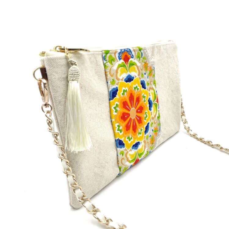 Kimono Sacoche Chain Shoulder Bag White Flower Festival