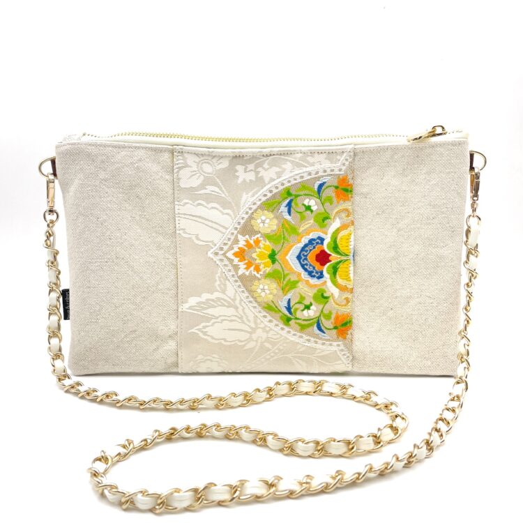 Kimono Sacoche Chain Shoulder Bag White Flower Festival
