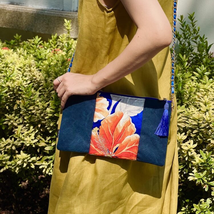Kimono Sacoche Chain Shoulder Bag Blue Habicus Flower