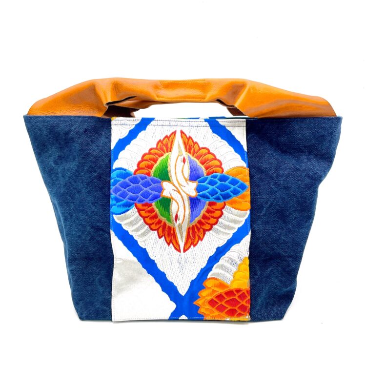 Large Canvas Obi Leather Tote Bag Twin Bird